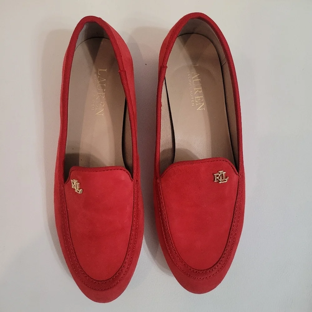 Ralph Lauren Red Suede Flats Clair Suede Smoking Slipper Size 7B/37
